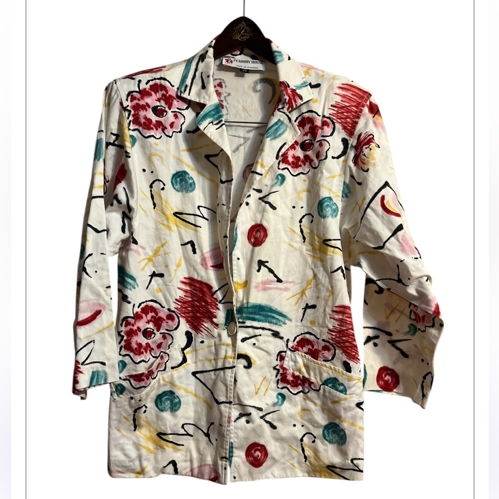 Peabody House White Red Lightweight Shirt Jacket Sz 9/10 Artistic Floral Print